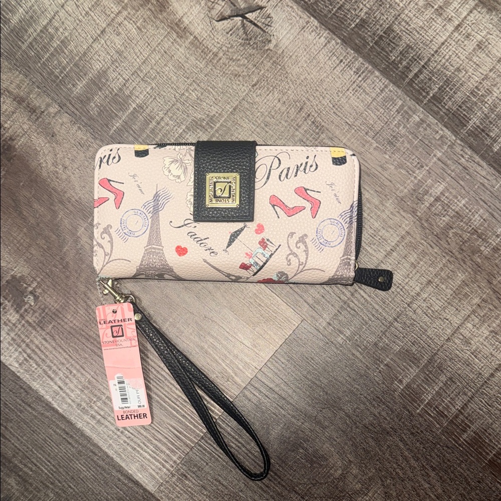 Paris Print Pink Faux Leather Wristlet Wallet